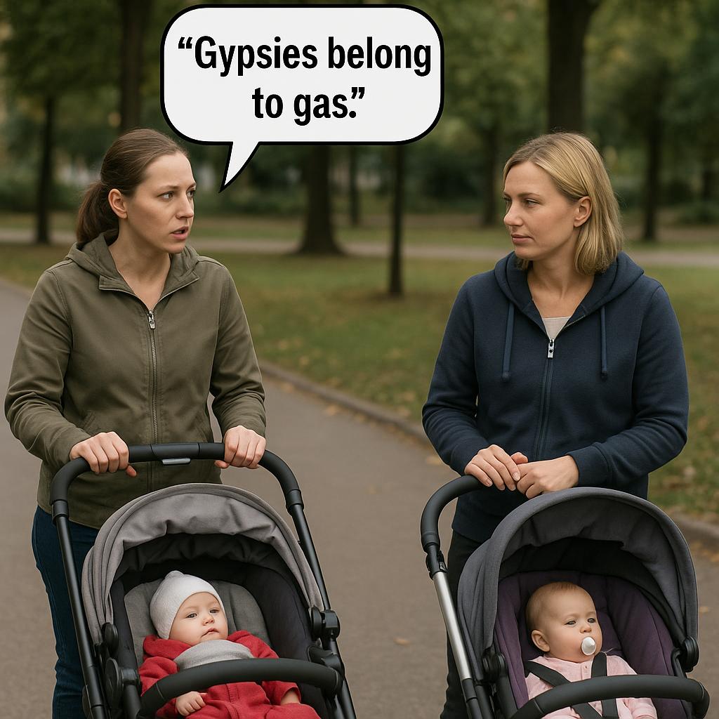 Two mothers with strollers are talking about gassing the Gypsies