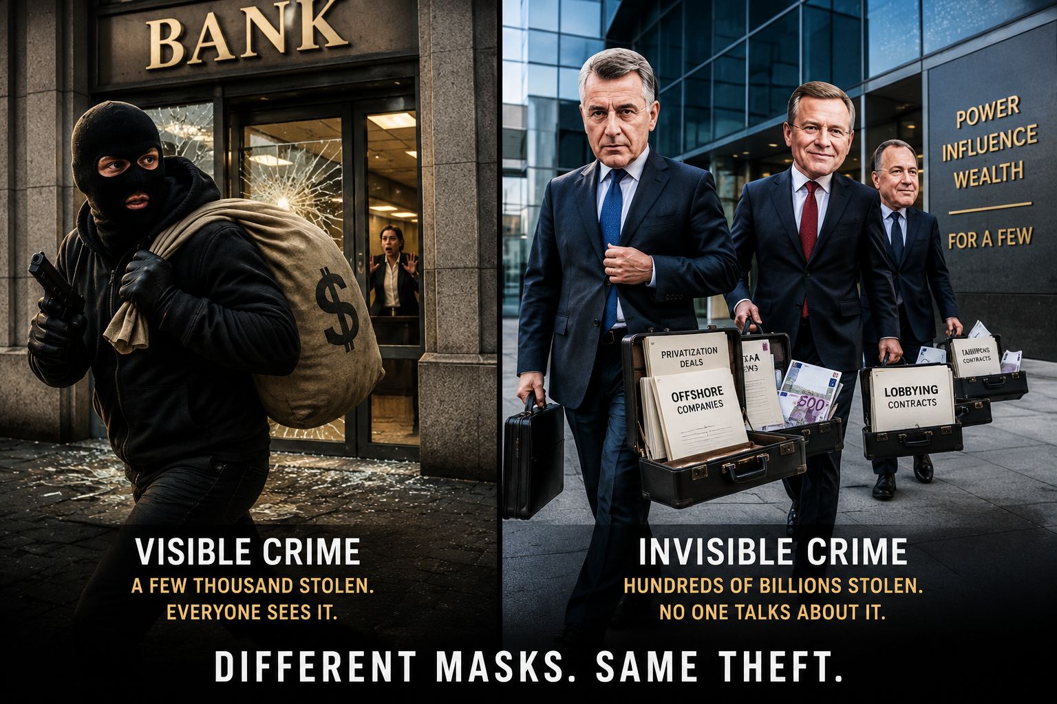 Cruel bank robbery vs. financial crimes